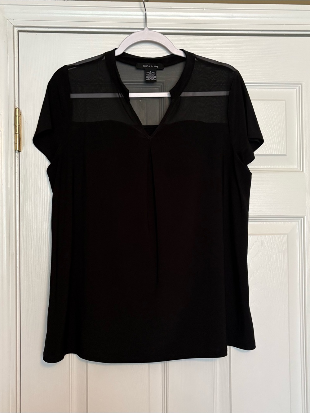 Adele & May Black Short-Sleeve V-Neck Top with Sheer Mesh Yoke